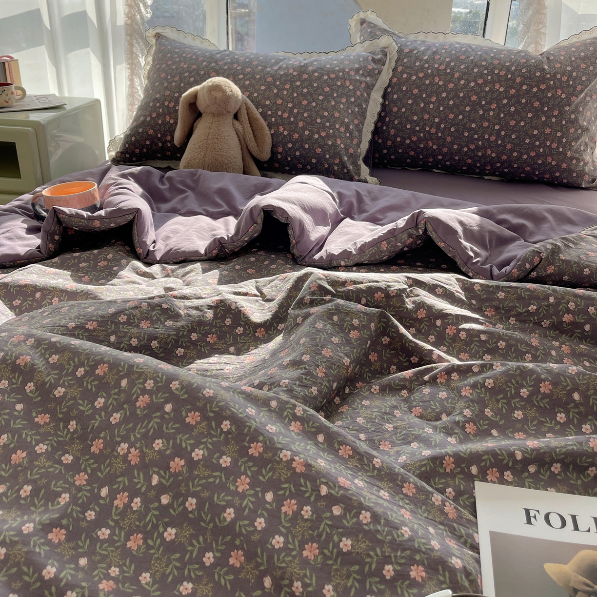 91家纺网 家纺一手货源 找家纺 梵克保罗 2026春夏新款10A抗菌全棉黑色花边云朵棉单夏被/夏被四件套空调被 云朵棉-紫调花簇