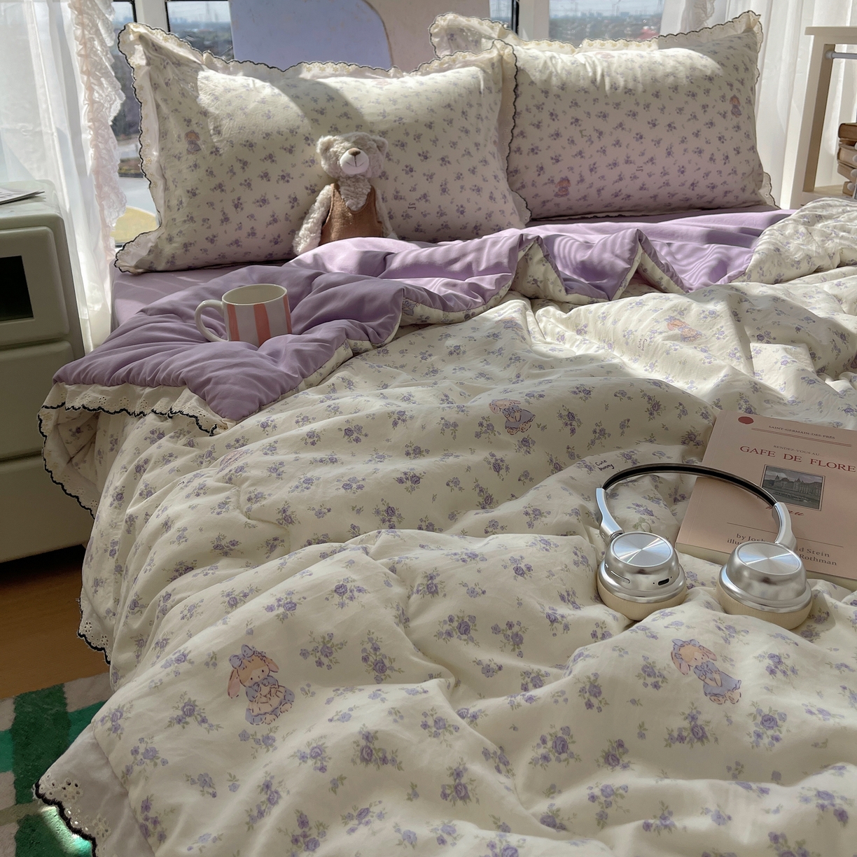 91家纺网 家纺一手货源 找家纺 梵克保罗 2026春夏新款10A抗菌全棉黑色花边云朵棉单夏被/夏被四件套空调被 云朵棉-甜囡紫絮