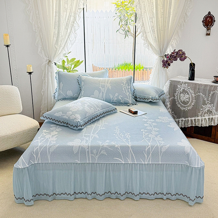 红夫人 2026新款凉豆豆PE高分子凉感凉席双色提花床裙款三件套--兰芝（风琴花边+三明治复合+精美手提包） 兰芝蓝色