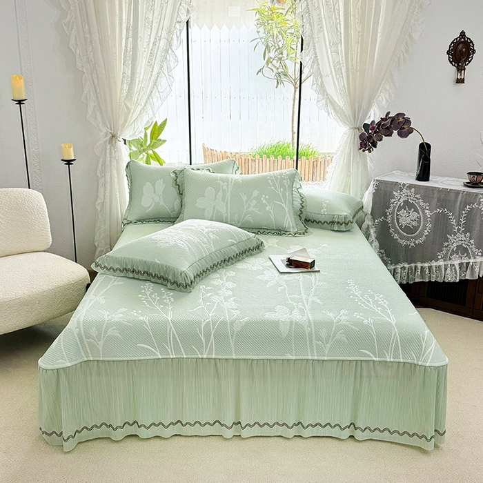 红夫人 2026新款凉豆豆PE高分子凉感凉席双色提花床裙款三件套--兰芝（风琴花边+三明治复合+精美手提包） 兰芝浅绿