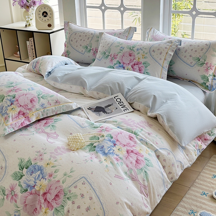 91家纺网 家纺一手货源 找家纺 宇彬家纺 2026新款13070A类全棉纯棉印花单被套被套单件-一字绣工艺款系列 一字绣 粉蓝心韵