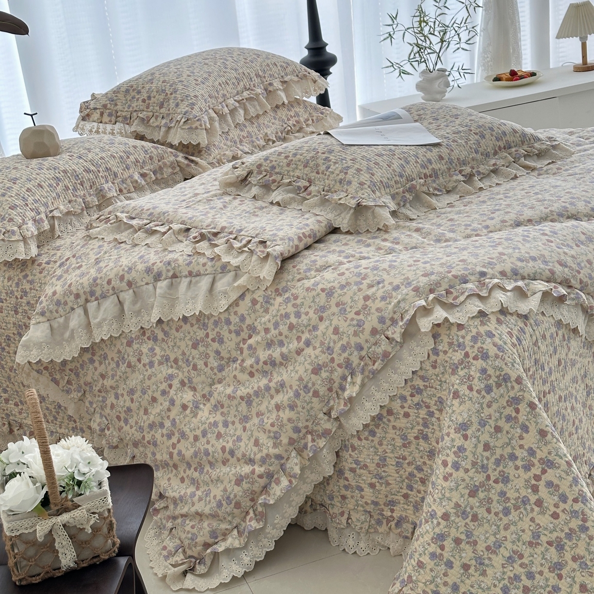 91家纺网 家纺一手货源 找家纺 佰织鑫家居 2026春夏新款全棉纯棉春秋被砂洗床盖款四件套安娜 安娜-花茉