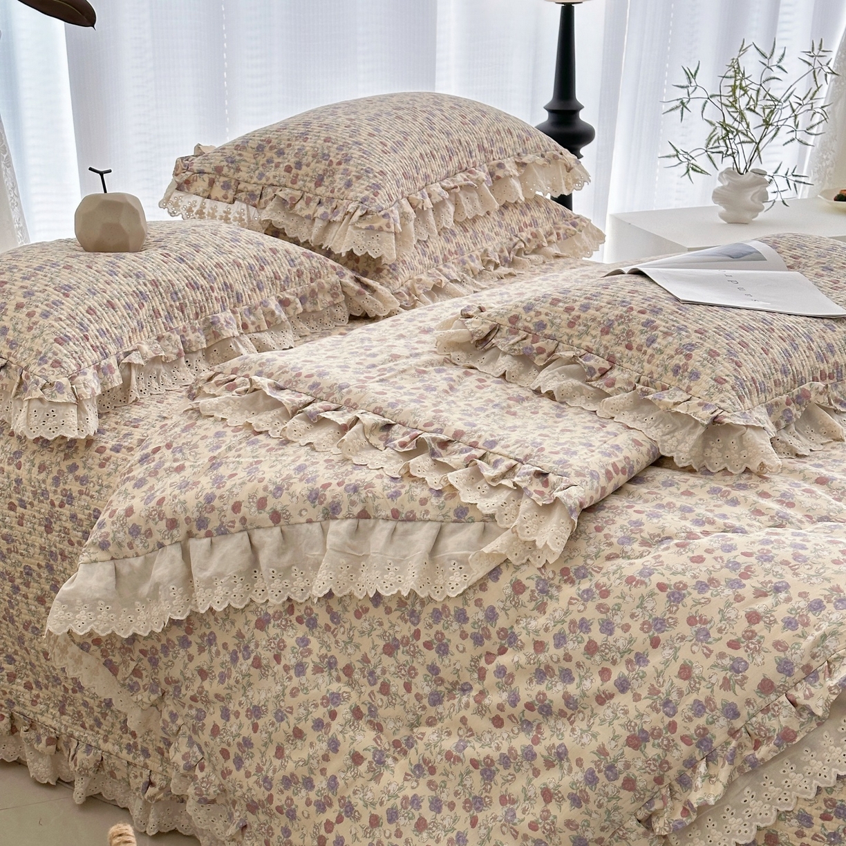 91家纺网 家纺一手货源 找家纺 佰织鑫家居 2026春夏新款全棉纯棉春秋被砂洗床盖款四件套安娜 安娜-花茉