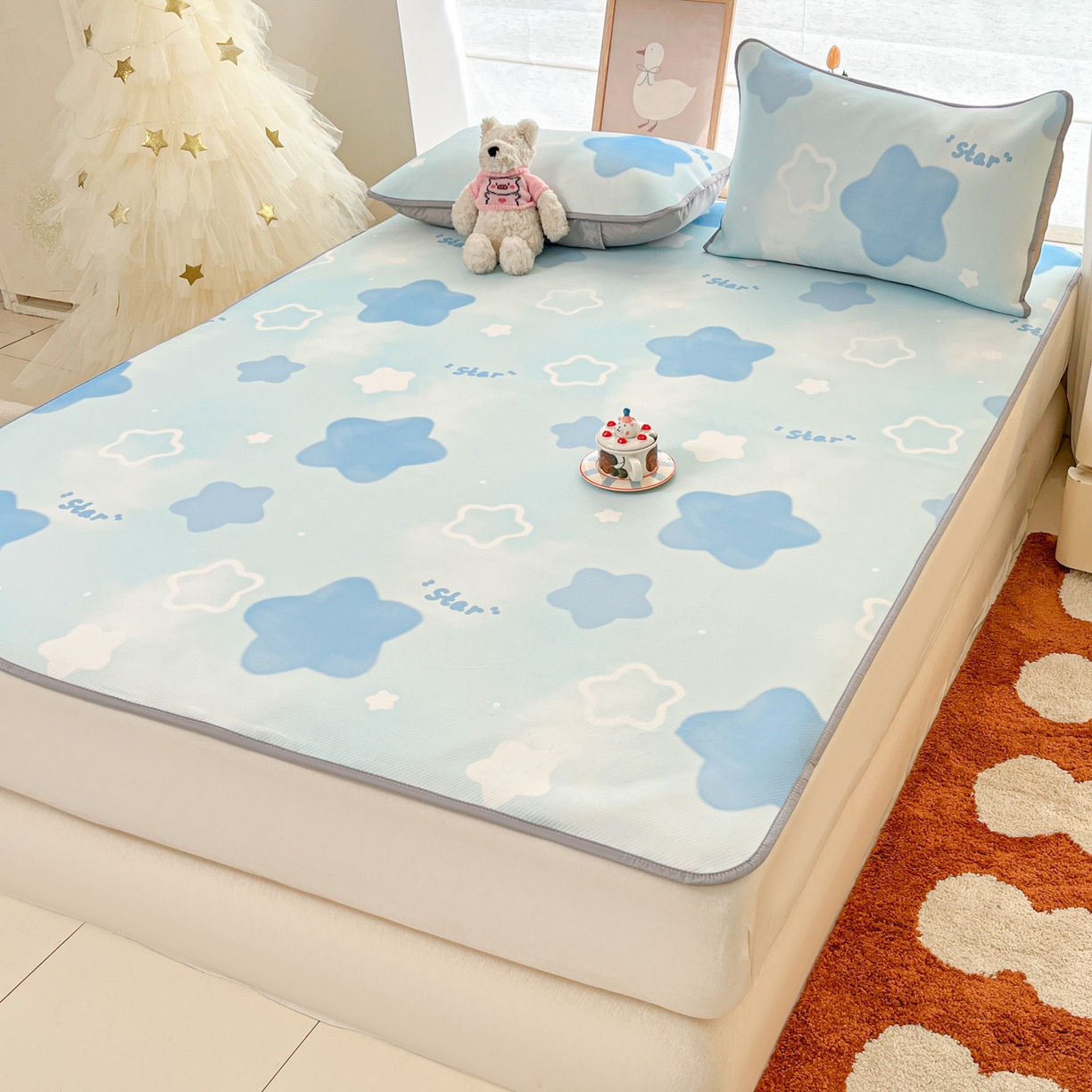 91家纺网 家纺一手货源 找家纺 川悦生活 2026新款小阪冰丝冰丝数码印花凉席大床 席快乐星晴