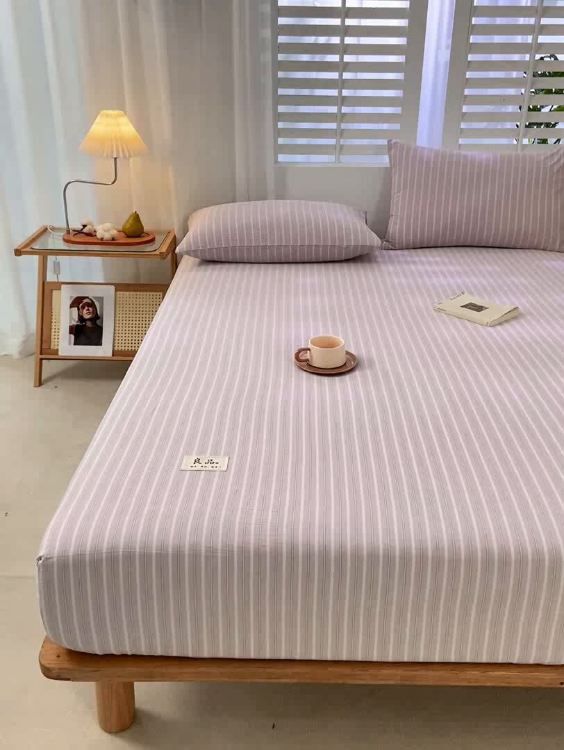 91家纺网 家纺一手货源 找家纺 恋人优选 2026新款全棉纯棉水洗棉单床笠床笠单件 简希紫条（有标款）