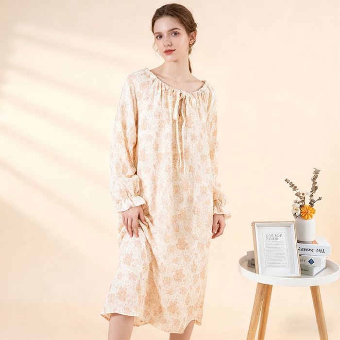 91家纺网 家纺一手货源 找家纺 （总）洛兰沙家居馆 26春夏新品睡裙女系带绉布甜美公主风长袖薄款可外穿家居服睡裙