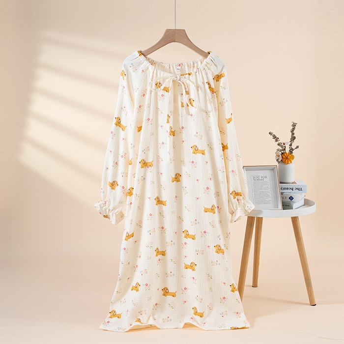 91家纺网 家纺一手货源 找家纺 （总）洛兰沙家居馆 26春夏新品睡裙女系带绉布甜美公主风长袖薄款可外穿家居服睡裙