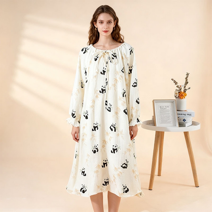 91家纺网 家纺一手货源 找家纺 （总）洛兰沙家居馆 26春夏新品睡裙女系带绉布甜美公主风长袖薄款可外穿家居服睡裙