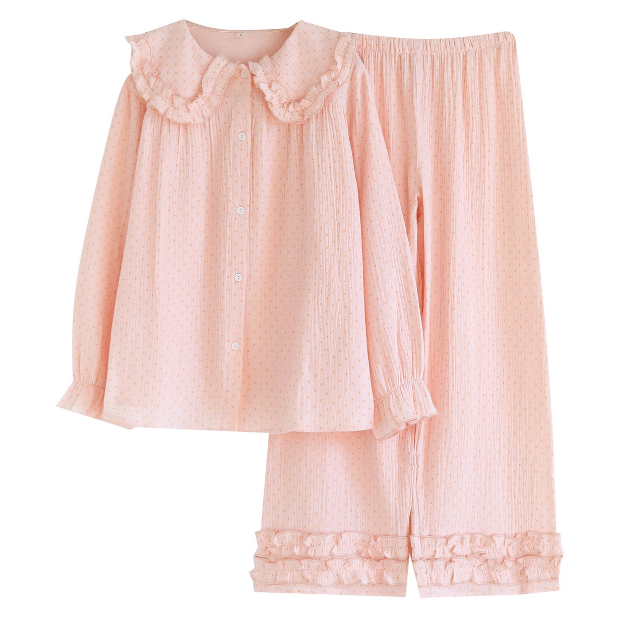 91家纺网 家纺一手货源 找家纺 （总）洛兰沙家居馆 韩版甜美素色木耳边纯棉睡衣女春秋季长袖宽松少女感家居服套装可外穿