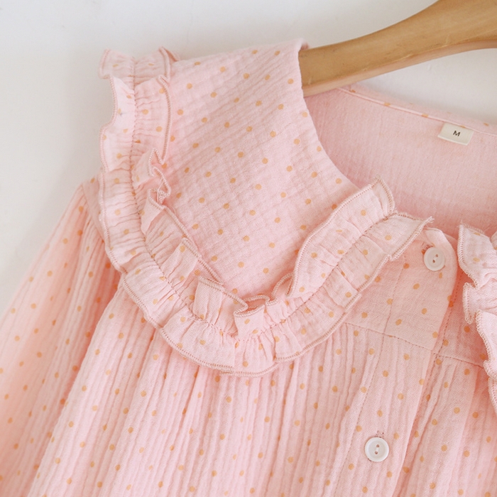 91家纺网 家纺一手货源 找家纺 （总）洛兰沙家居馆 韩版甜美素色木耳边纯棉睡衣女春秋季长袖宽松少女感家居服套装可外穿