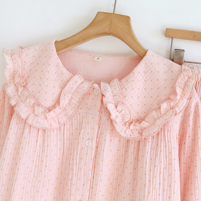 91家纺网 家纺一手货源 找家纺 （总）洛兰沙家居馆 韩版甜美素色木耳边纯棉睡衣女春秋季长袖宽松少女感家居服套装可外穿