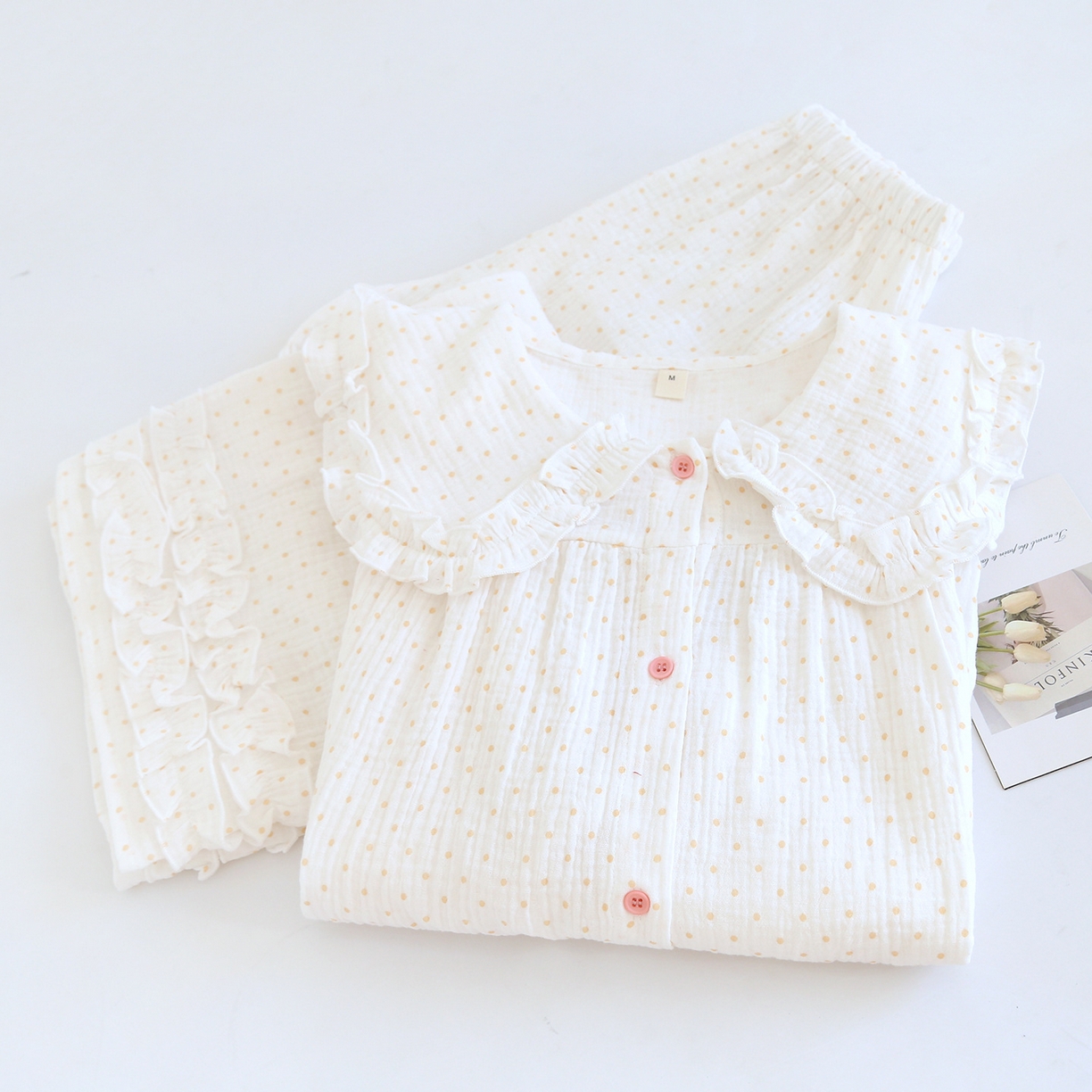 91家纺网 家纺一手货源 找家纺 （总）洛兰沙家居馆 韩版甜美素色木耳边纯棉睡衣女春秋季长袖宽松少女感家居服套装可外穿