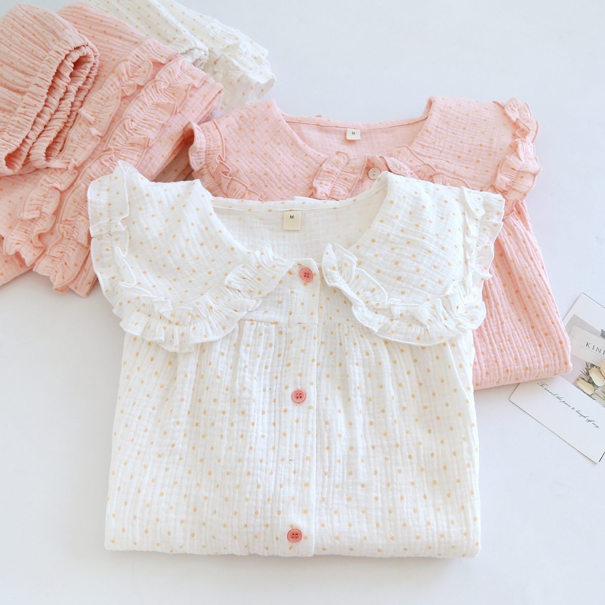 91家纺网 家纺一手货源 找家纺 （总）洛兰沙家居馆 韩版甜美素色木耳边纯棉睡衣女春秋季长袖宽松少女感家居服套装可外穿