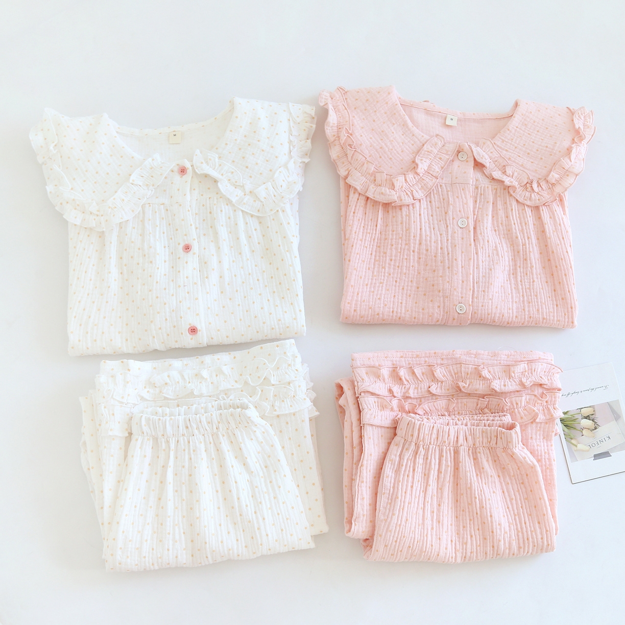 91家纺网 家纺一手货源 找家纺 （总）洛兰沙家居馆 韩版甜美素色木耳边纯棉睡衣女春秋季长袖宽松少女感家居服套装可外穿