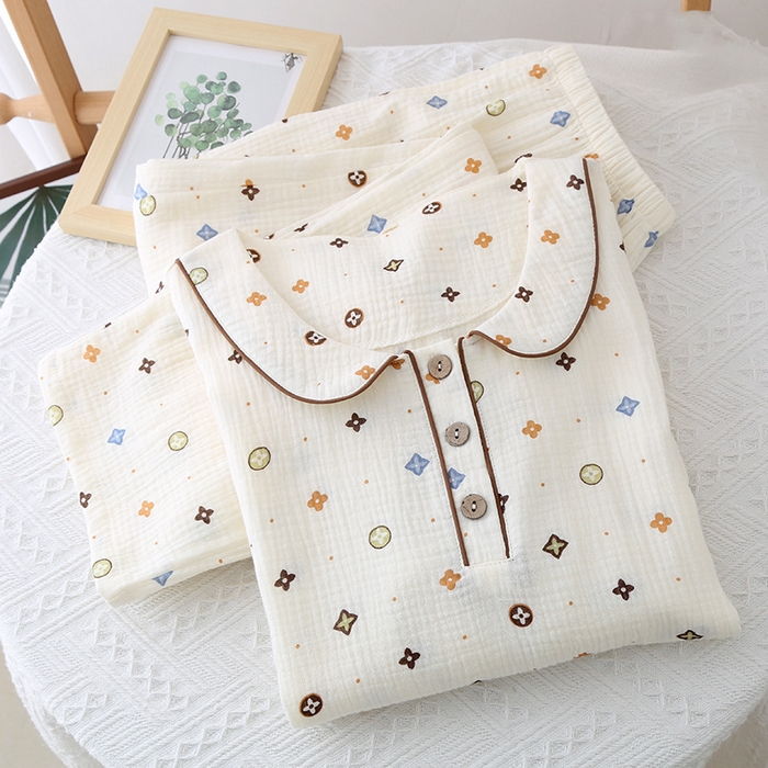 91家纺网 家纺一手货源 找家纺 （总）洛兰沙家居馆 纯棉纱布睡衣女士绉布套装双层纱布荷叶领长袖长裤家居服女套装 