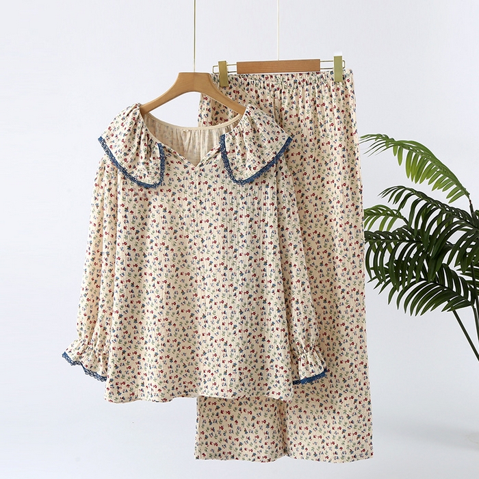 91家纺网 家纺一手货源 找家纺 （总）洛兰沙家居馆 纯棉纱布睡衣女士绉布套装双层纱布荷叶领长袖长裤家居服女套装 