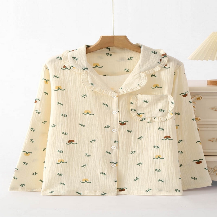 91家纺网 家纺一手货源 找家纺 （总）洛兰沙家居馆 纯棉纱布睡衣女士绉布套装双层纱布荷叶领长袖长裤家居服女套装 