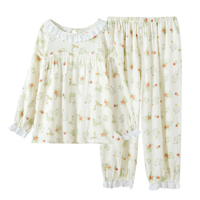 91家纺网 家纺一手货源 找家纺 （总）洛兰沙家居馆 纯棉纱布睡衣女士绉布套装双层纱布荷叶领长袖长裤家居服女套装 