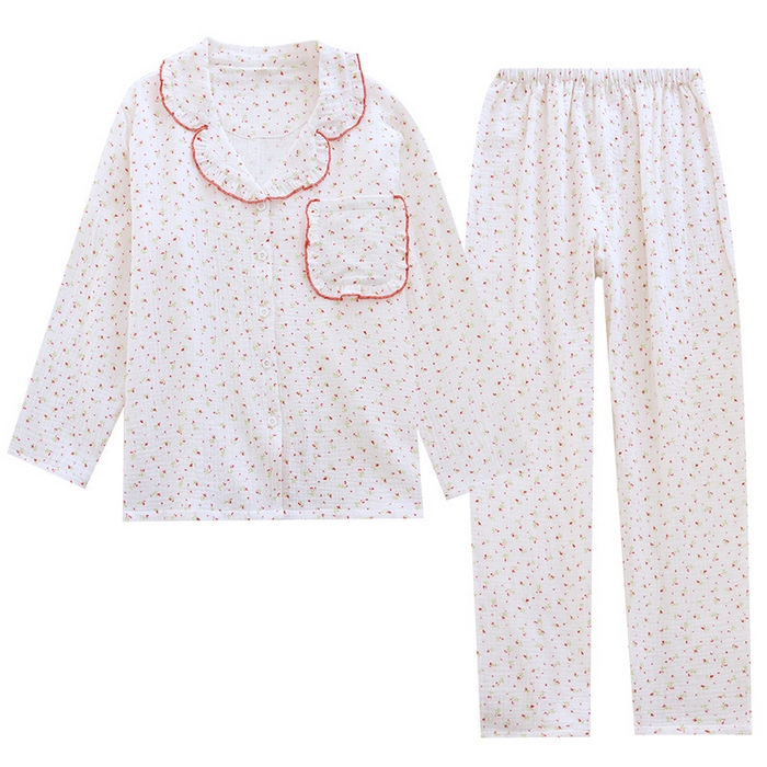 91家纺网 家纺一手货源 找家纺 （总）洛兰沙家居馆 纯棉纱布睡衣女士绉布套装双层纱布荷叶领长袖长裤家居服女套装 