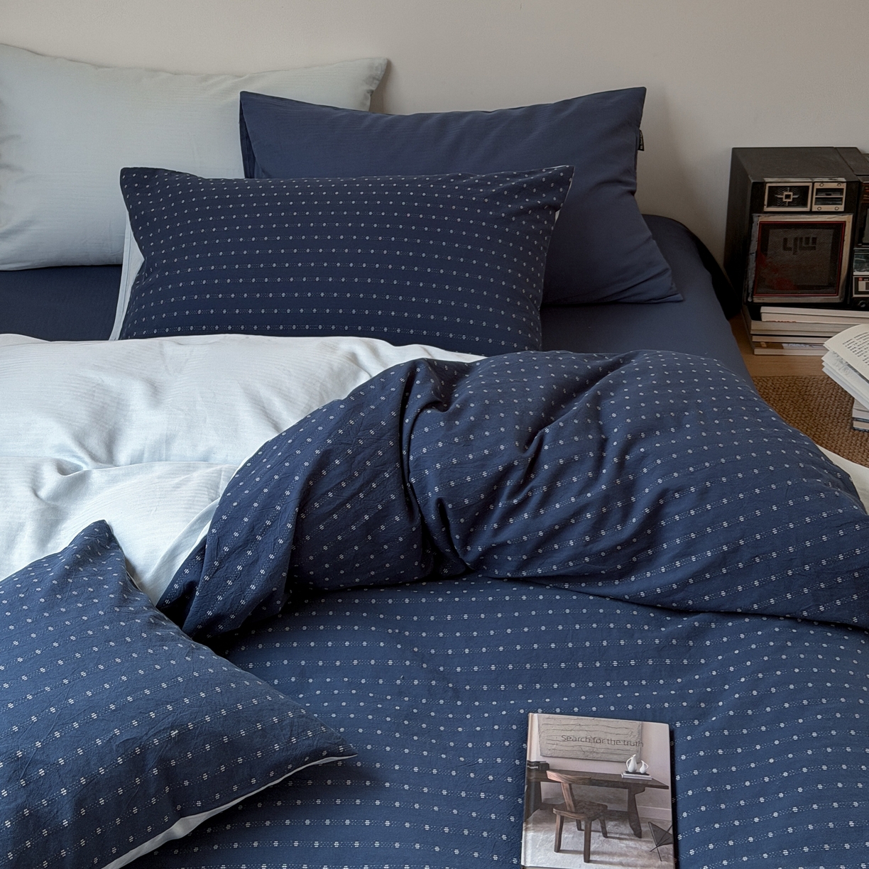 91家纺网 家纺一手货源 找家纺 蜜宿 2026新款全棉纯棉提花四件套蓝色轨迹 蓝色轨迹（枕套提花+深蓝）