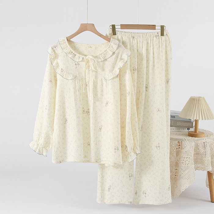 91家纺网 家纺一手货源 找家纺 （总）洛兰沙家居馆 纯棉纱布睡衣女士绉布套装双层纱布荷叶领长袖长裤家居服女套装 