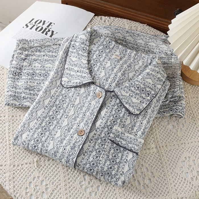 91家纺网 家纺一手货源 找家纺 （总）洛兰沙家居馆 纯棉纱布睡衣女士绉布套装双层纱布荷叶领长袖长裤家居服女套装 