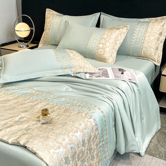 91家纺网 家纺一手货源 找家纺 子曰 2026新款浮雕水洗真丝夏被四件套 花开朵朵-绿