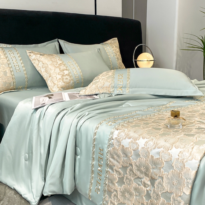 91家纺网 家纺一手货源 找家纺 子曰 2026新款浮雕水洗真丝夏被四件套 花开朵朵-绿