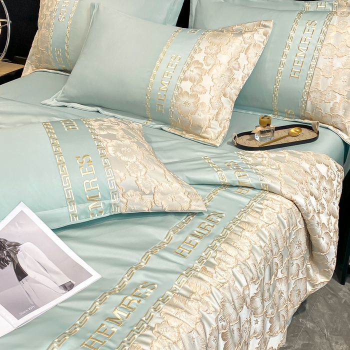 91家纺网 家纺一手货源 找家纺 子曰 2026新款浮雕水洗真丝夏被四件套 花开朵朵-绿