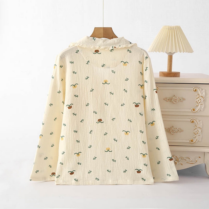 91家纺网 家纺一手货源 找家纺 （总）洛兰沙家居馆 纯棉纱布睡衣女士绉布套装双层纱布荷叶领长袖长裤家居服女套装 