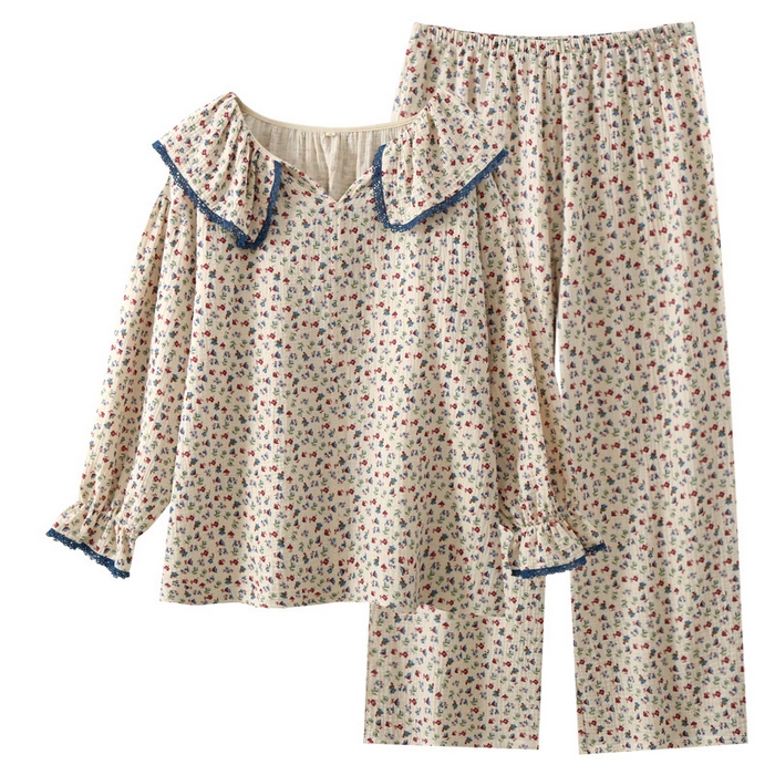 91家纺网 家纺一手货源 找家纺 （总）洛兰沙家居馆 纯棉纱布睡衣女士绉布套装双层纱布荷叶领长袖长裤家居服女套装 