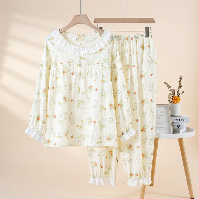 91家纺网 家纺一手货源 找家纺 （总）洛兰沙家居馆 纯棉纱布睡衣女士绉布套装双层纱布荷叶领长袖长裤家居服女套装 