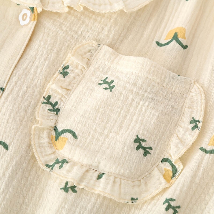 91家纺网 家纺一手货源 找家纺 （总）洛兰沙家居馆 纯棉纱布睡衣女士绉布套装双层纱布荷叶领长袖长裤家居服女套装 