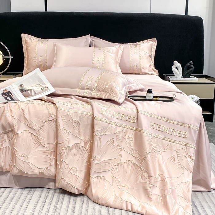 91家纺网 家纺一手货源 找家纺 子曰 2026新款浮雕水洗真丝夏被四件套 花语-粉