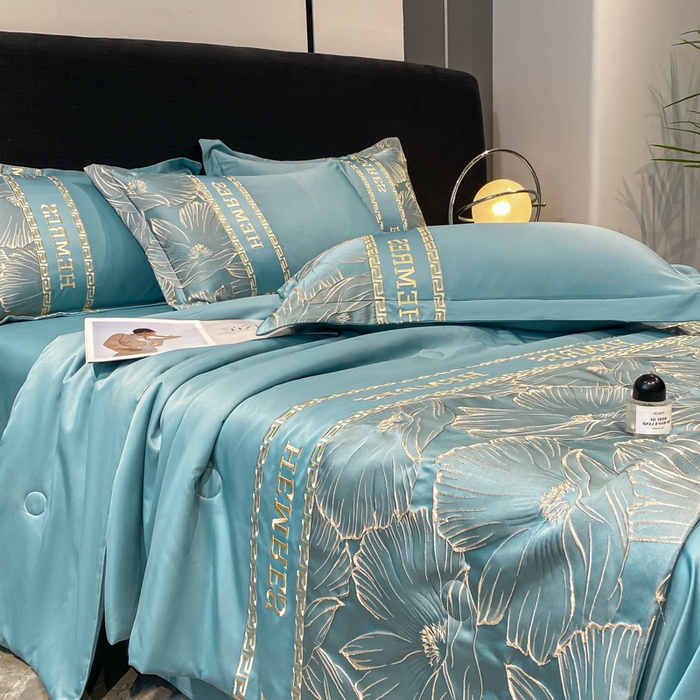 91家纺网 家纺一手货源 找家纺 子曰 2026新款浮雕水洗真丝夏被四件套 花语-蓝