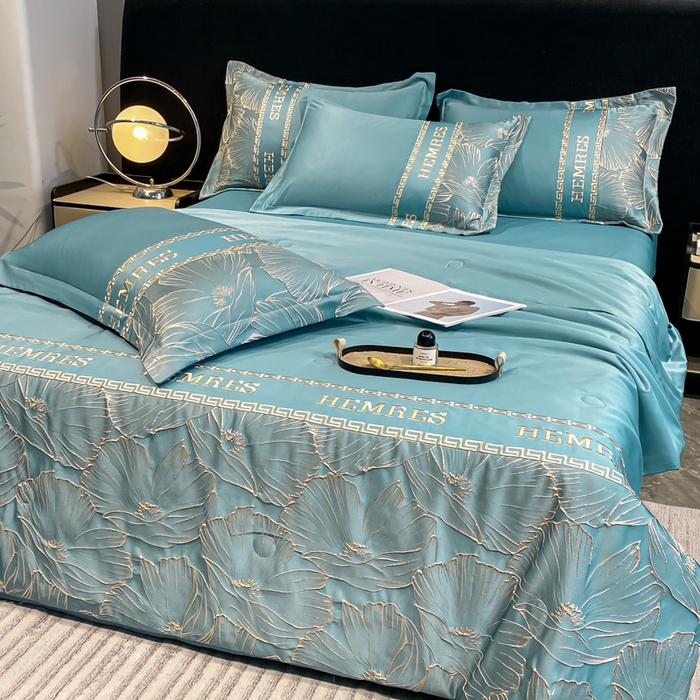 91家纺网 家纺一手货源 找家纺 子曰 2026新款浮雕水洗真丝夏被四件套 花语-蓝