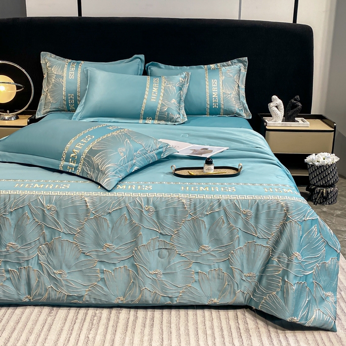 91家纺网 家纺一手货源 找家纺 子曰 2026新款浮雕水洗真丝夏被四件套 花语-蓝