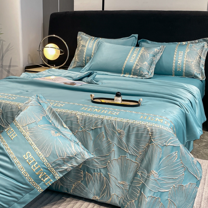 91家纺网 家纺一手货源 找家纺 子曰 2026新款浮雕水洗真丝夏被四件套 花语-蓝