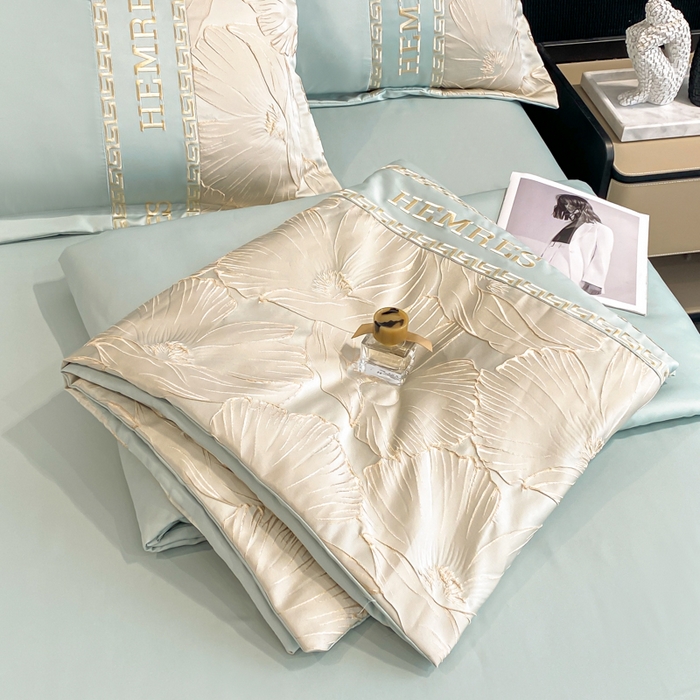 91家纺网 家纺一手货源 找家纺 子曰 2026新款浮雕水洗真丝夏被四件套 花语-绿