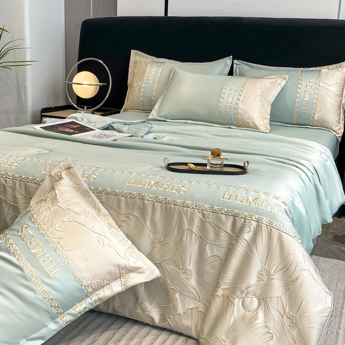 91家纺网 家纺一手货源 找家纺 子曰 2026新款浮雕水洗真丝夏被四件套 花语-绿