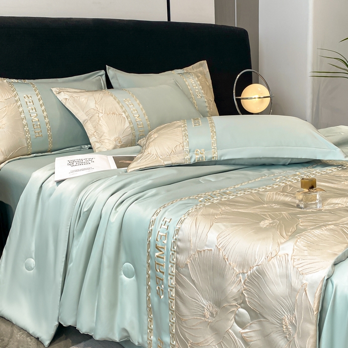 91家纺网 家纺一手货源 找家纺 子曰 2026新款浮雕水洗真丝夏被四件套 花语-绿