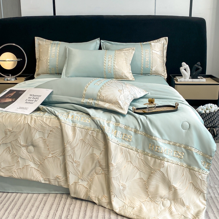 91家纺网 家纺一手货源 找家纺 子曰 2026新款浮雕水洗真丝夏被四件套 花语-绿