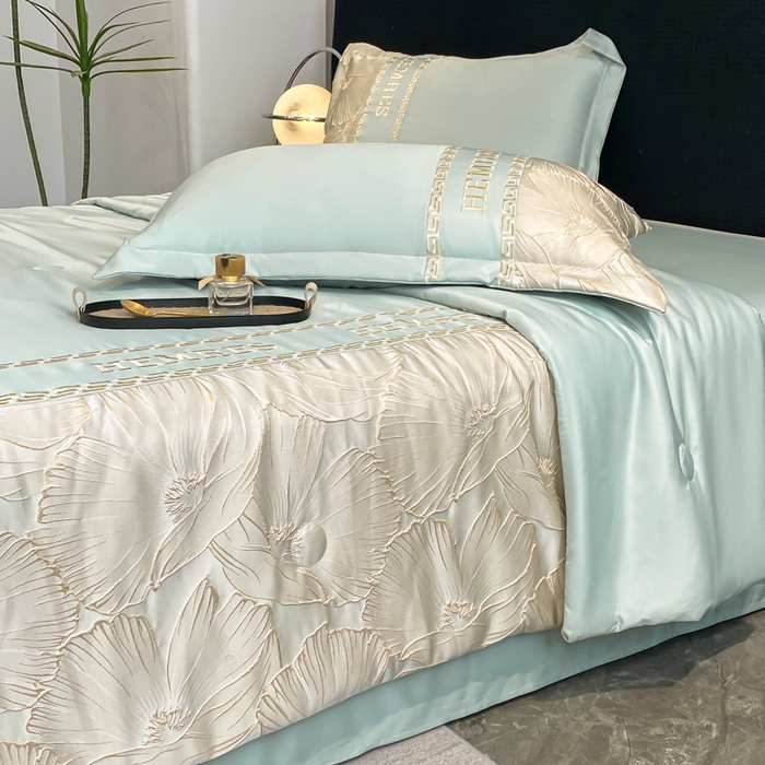 91家纺网 家纺一手货源 找家纺 子曰 2026新款浮雕水洗真丝夏被四件套 花语-绿