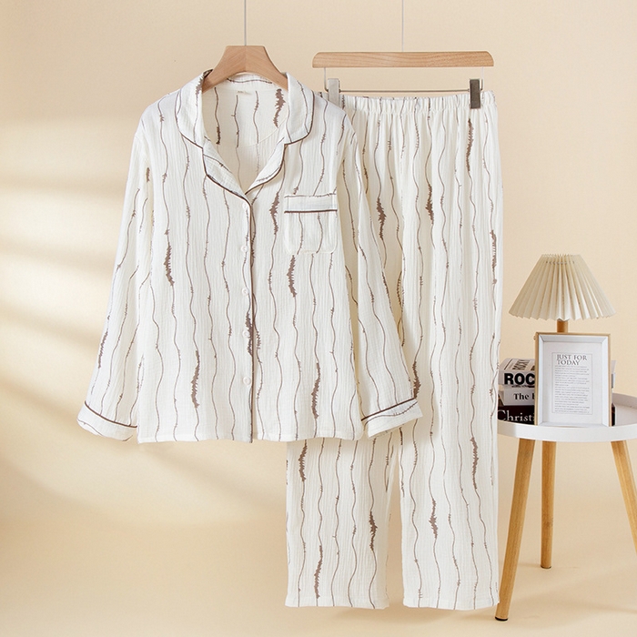 91家纺网 家纺一手货源 找家纺 （总）洛兰沙家居馆 26春季新款睡衣韩国ins家居服棕色大波浪纹长袖长裤女士居家套装