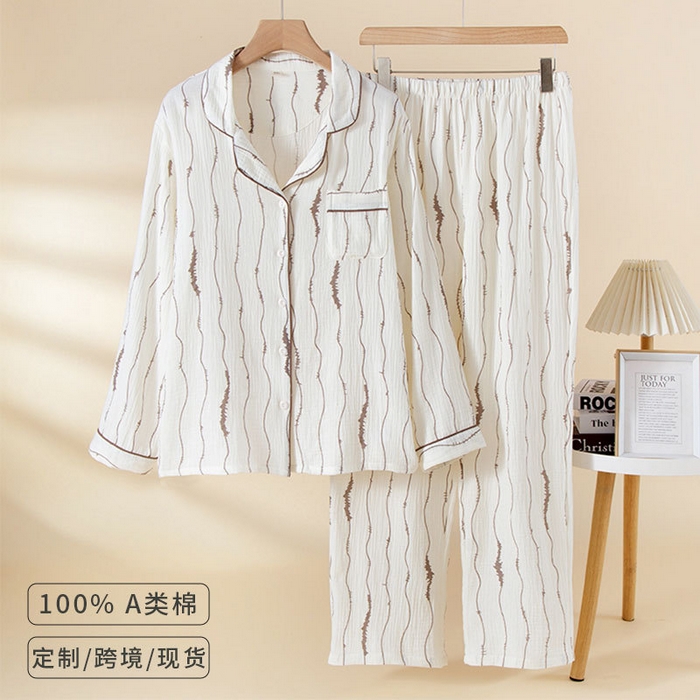 91家纺网 家纺一手货源 找家纺 （总）洛兰沙家居馆 26春季新款睡衣韩国ins家居服棕色大波浪纹长袖长裤女士居家套装