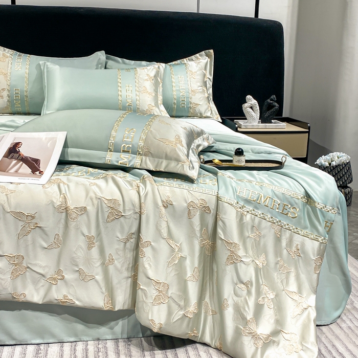 91家纺网 家纺一手货源 找家纺 子曰 2026新款浮雕水洗真丝夏被四件套 醉蝴蝶-绿