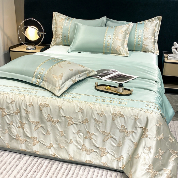 91家纺网 家纺一手货源 找家纺 子曰 2026新款浮雕水洗真丝夏被四件套 醉蝴蝶-绿