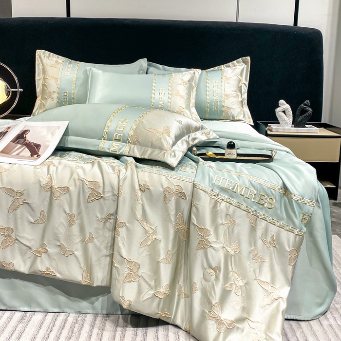 91家纺网 家纺一手货源 找家纺 子曰 2026新款浮雕水洗真丝夏被四件套 醉蝴蝶-绿