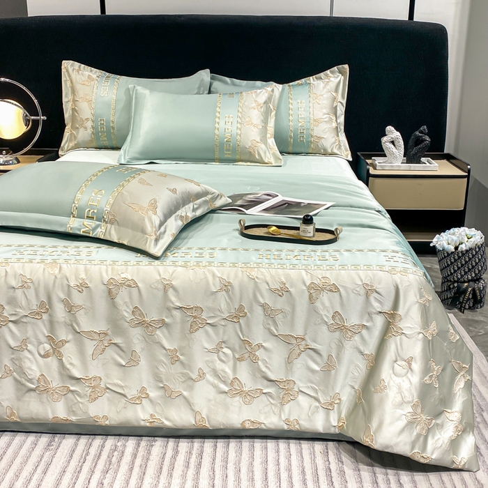 91家纺网 家纺一手货源 找家纺 子曰 2026新款浮雕水洗真丝夏被四件套 醉蝴蝶-绿