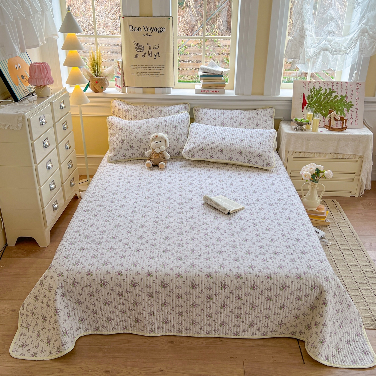 91家纺网 家纺一手货源 找家纺 梵克保罗 2026新款A类小清新四季可用学生宿舍床单  单件夹棉炕盖床盖炕毯三件套 汐春之语